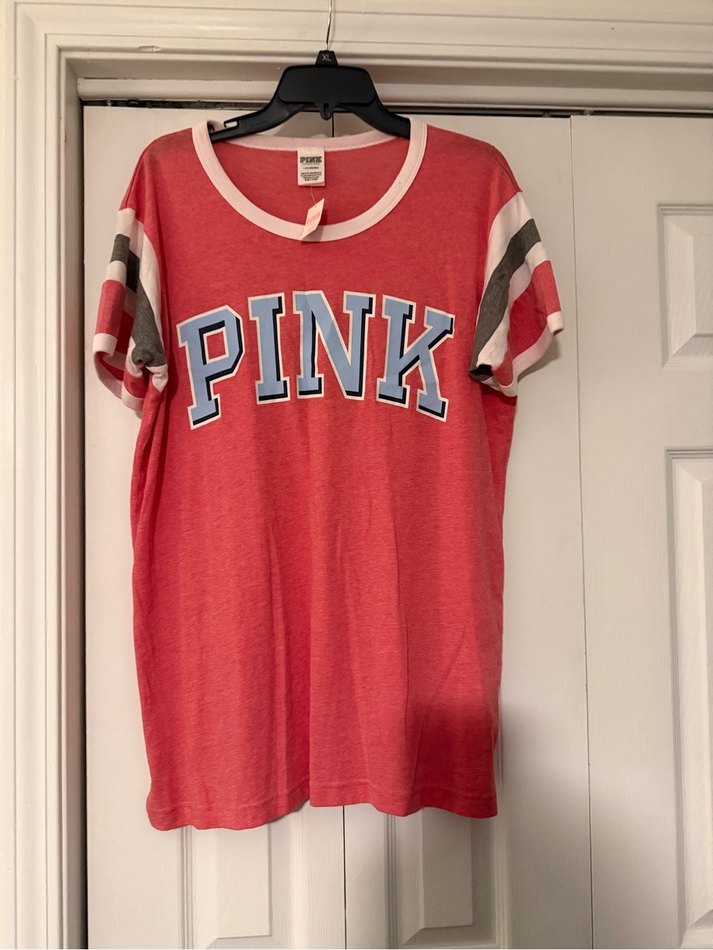 PINK Victoria's Secret Coral Tee with Blue Logo and Striped Sleeves